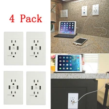 4-Pack Dual USB Port 15A Duplex Wall Socket Charger AC Power Receptacle Outlet