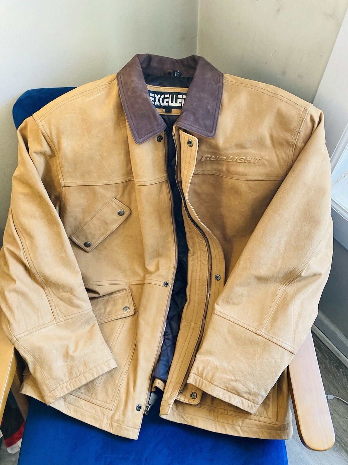 Vintage 90s L NWOT RARE Bud Light Tan Shearling Leather Jacket Full Zip Coat image 7