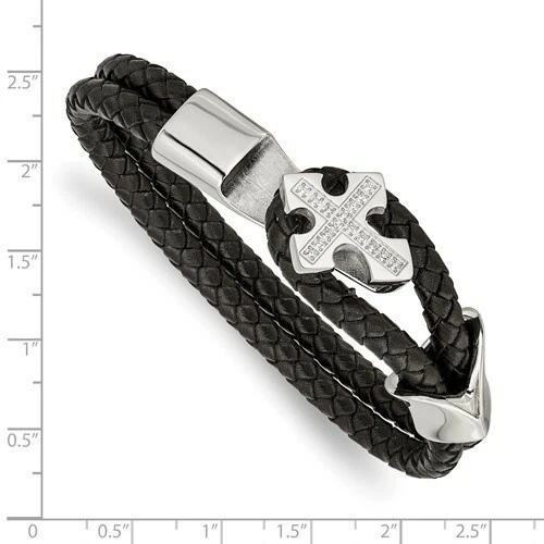 *NUEVO* Pulsera de cuero trenzado negro cruz circonita cúbica acero inoxidable cincel SRB1289-8 Foto 3 de 4