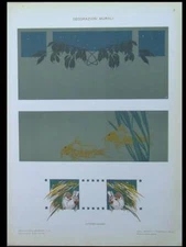 ART NOUVEAU ORNAMENTS, FISH, BIRD - 1910 GOLDEN LITHOGRAPH - VITTORIO GRASSI