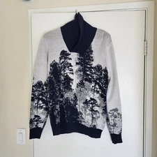 Sun & Stone Mens Sweater M Cotton Scenic Navy Cream Shawl Collar Preppy 