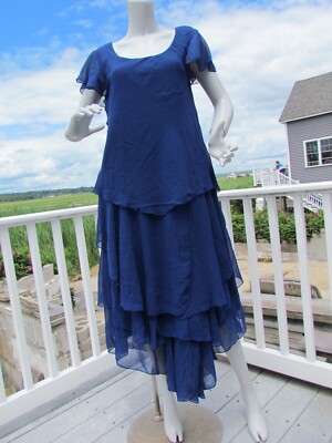 NEW L The Pyramid Collection dress blue layered romantic graceful flowing chiffo