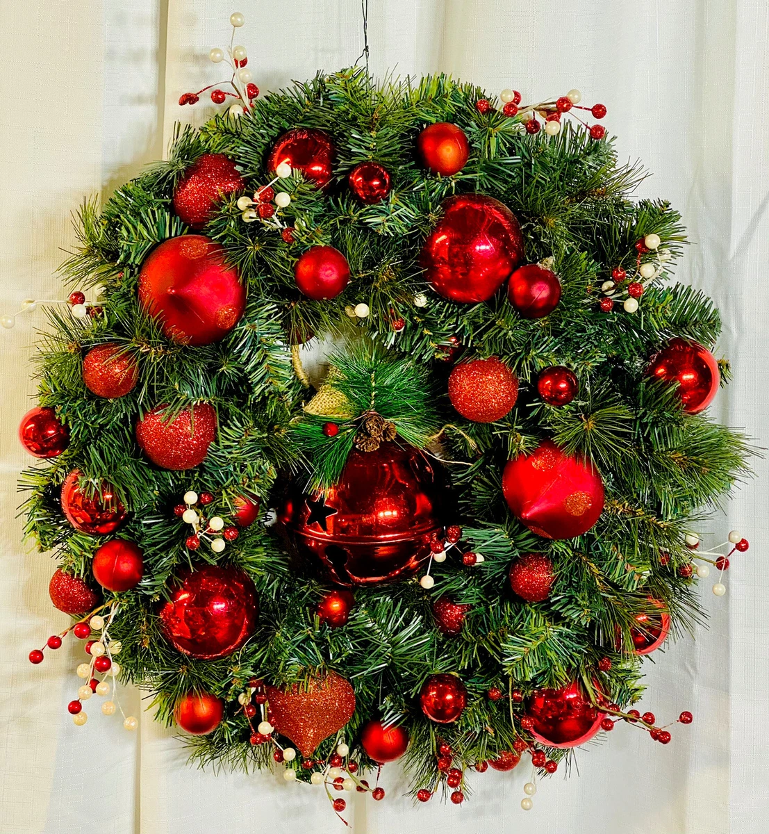 Handmade Christmas Evergreen Wreath With Red Ornaments, And A Big