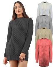 Image of Ladies Womens Knitted Long Sleeve Cable Knit Jumper Stretch Dress Top Size S M L
