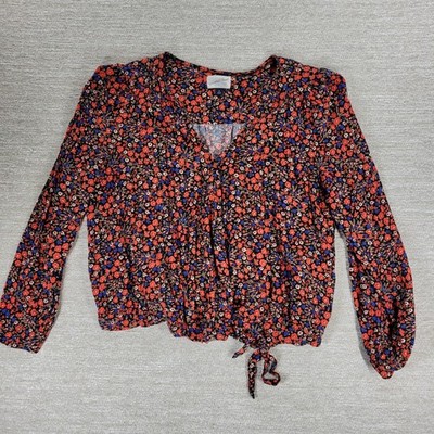 Universal Thread Wrap Top Womens XL Black Red Ditsy Floral Snap Closure