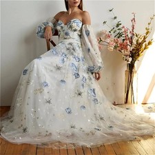 Elegant Blue Flower Wedding Dresses Off Shoulder Puff Sleeves A-line Bridal Gown