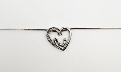 Sterling Silver Genuine Diamond Mother & Child Open Heart Pendant with Chain 17''