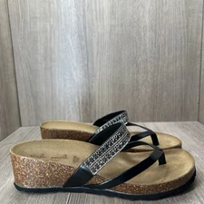 Mila Paoli Rhinestone Slide Thong Sandals Womens 9 Slip On Wedge Leather Black