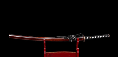 Espada Samurai Japonesa Hecha a Mano Katana Damasco Acero Rojo Oscuro Saya Latón Fittin - Imagen 8 de 16