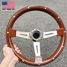 14inch Universal Car 6 Hole Steering Wheel Real Wood Riveted Grip Horn Button