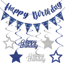Blue Silver Birthday Decorations for Men Women, Happy Birthday Banner Hanging