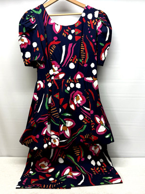 Vtg 90s Dress A La Mode A-line Navy Print Puff Sleeve Peplum Scoop Neck Sz 11/12