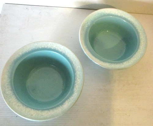 Pair HULL CRESTONE Turquoise Drip 6" Wide Rim Fruit/Dessert/Sauce Bowls