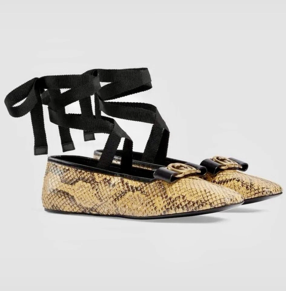 $1089 ZAPATOS PLANOS GUCCI PHYTON BAILARINA NEGROS CON CORDONES 37 Foto 3 de 4