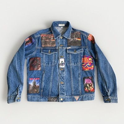 Guess By Georges Marciano Faded Blue Patched Denim Jacket XL Women Made in USA