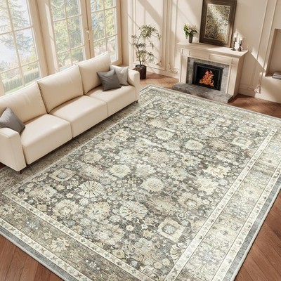 Teppich Wohnzimmer Grau 200x300 cm Waschbar Kurzflor Rutschfest Retro