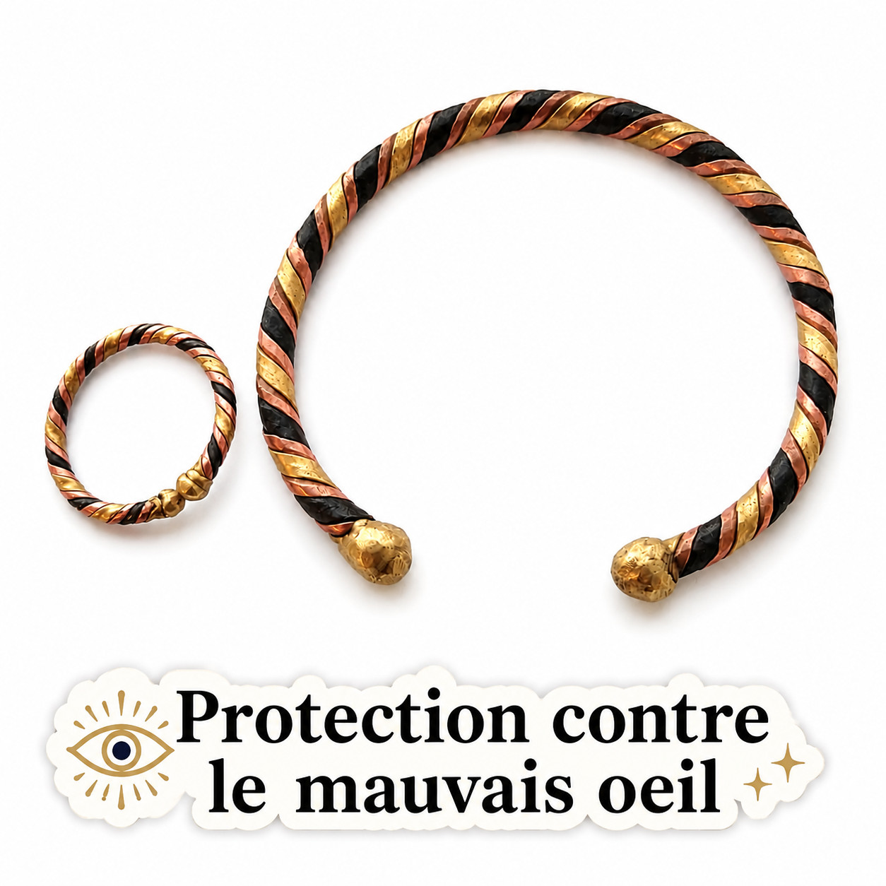 Duo Chance Protection : Bracelet et Bague Africains Anti Mauvais-Œil en Cuir et Acier