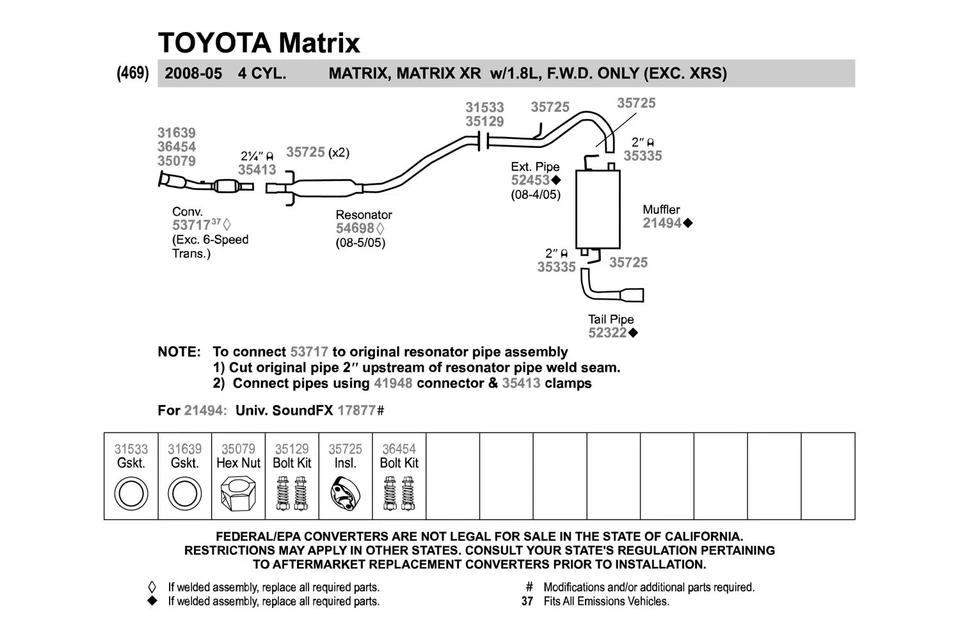 For Toyota Matrix 2005-2008 Walker Aluminized Steel Exhaust Intermediate Pipe Foto 3 de 3