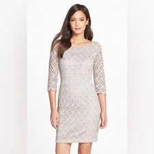 Vince Camuto V-Back Metallic Lace Sheath Dress Size 2