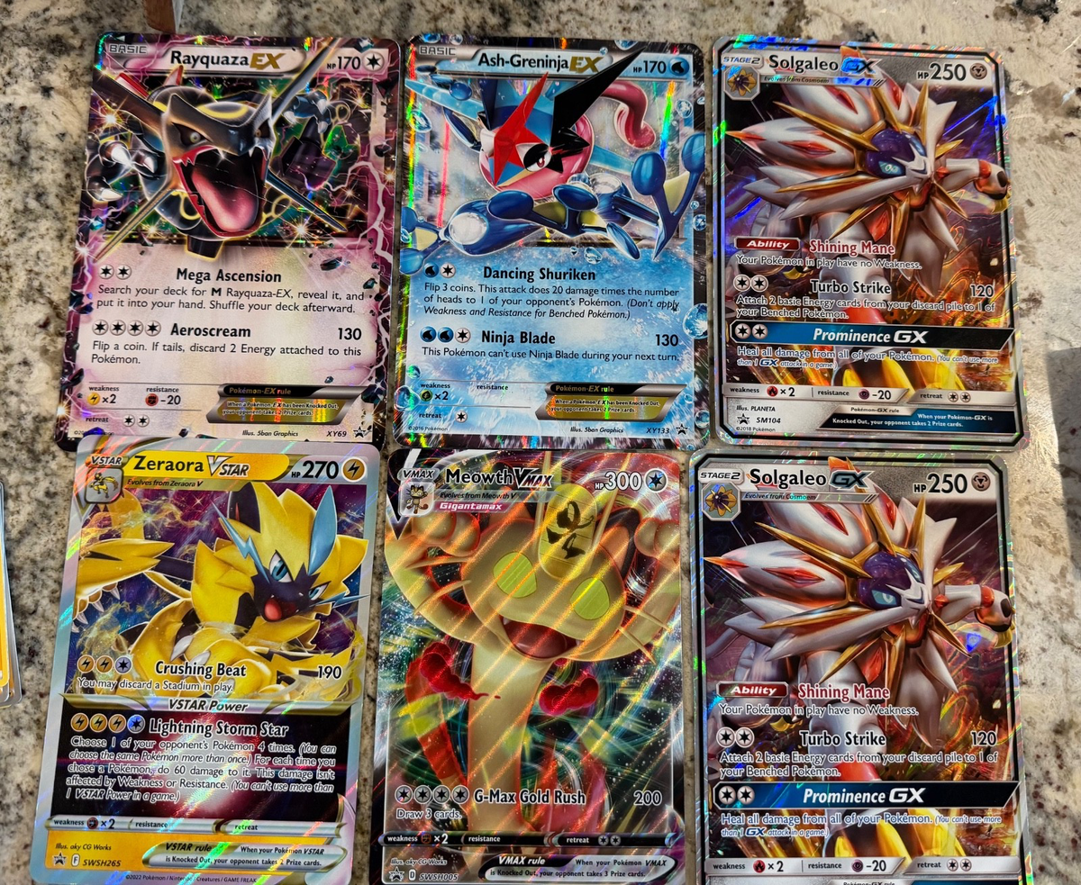 Pokemon Jumbo Cards - Ash Greninja, Solgaleo x2, Zeraora, Meowth