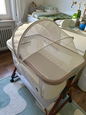 Baby-Stubenwagen Beistellbett mit Rollen, Holzoptik , Mesh-Seiten wei&szlig;/beige