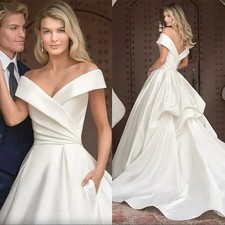 Vintage Off Shoulder A Line Wedding Dresses Satin Pleated Garden Bridal Gowns 