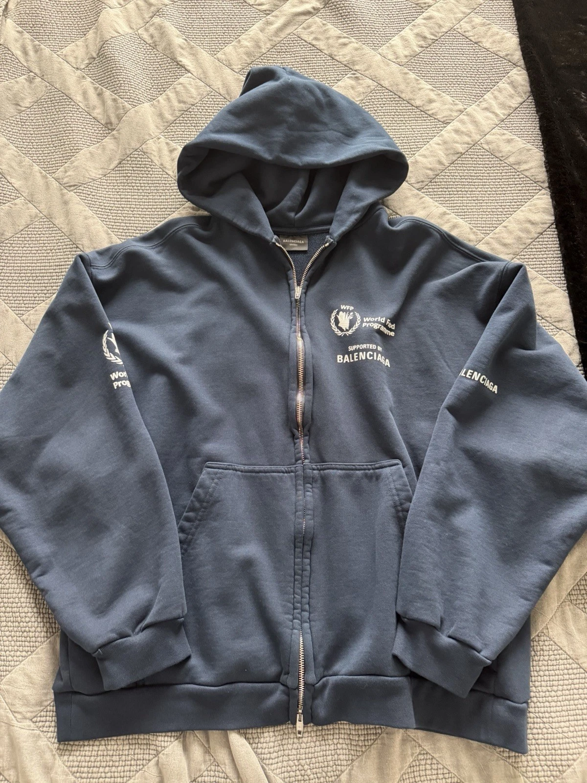 Balenciaga — Balenciaga Men's Blue Full Zip Hoodie World Food Programme Logo Cotton Fleece M