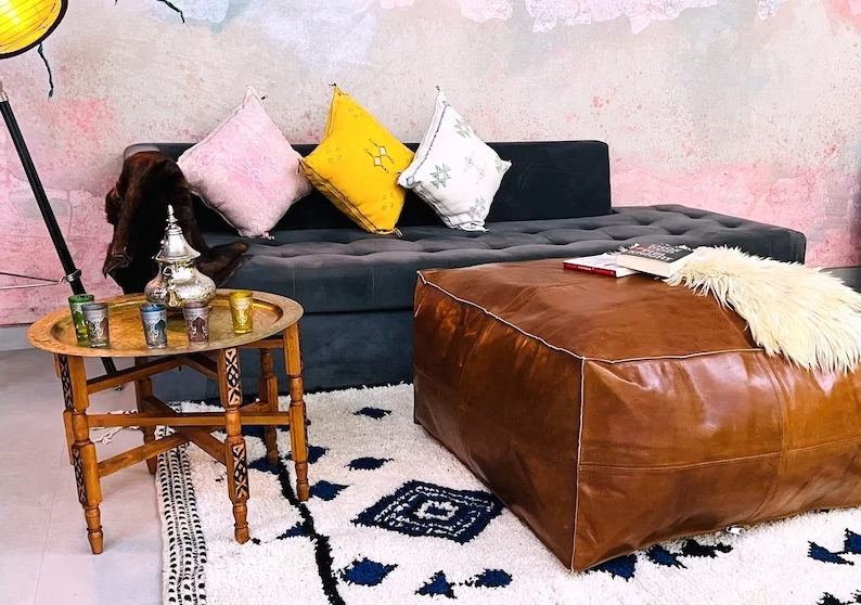 Boho Pouf Unstuffed New Brown Square 30'' Vintage Wonderful Handcraft Footrest - Image 2 of 4