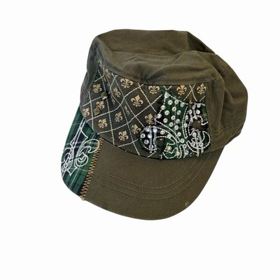 KBethos Green Fleur De Lis Embellished Cadet Hat Sequin Bead Adjustable Cap