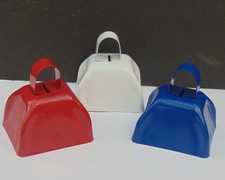 Red  White + Blue Cow Bells  ~  Set of 3 sturdy metal cowbells.  Great sound