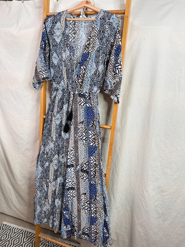 Jaase Dress Womens Small Blue Geometric Print Half Sleeve V-Neck Maxi Boho - Picture 3 of 9