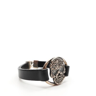 King Baby Studio Baroque Skull Centerpiece Leather Strap Bracelet Silver 925 7.5