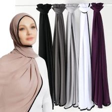 Women Chiffon Black Shinny Satin Edge Hijabs Plain Chiffon Shawls Muslim Wraps