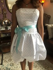 90  s Jessica Mcclintock for Gunne Sax Aqua Blue Polka Dot Strplss Mini Sze 3/4