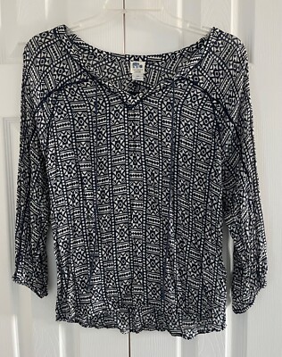 LUCKY Brand Boho V-Neck Sheer Long Sleeve Blouse/Top Navy & Ivory - Size XS