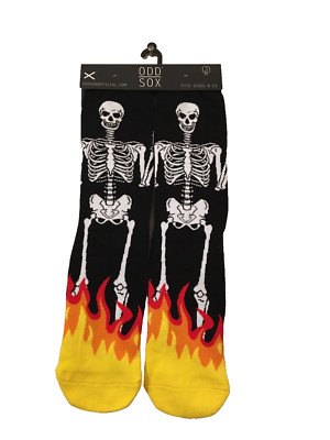 Odd Sox SKELETON FIRE FLAMES Novelty Crew Socks Fits Sizes 6-13 NWT