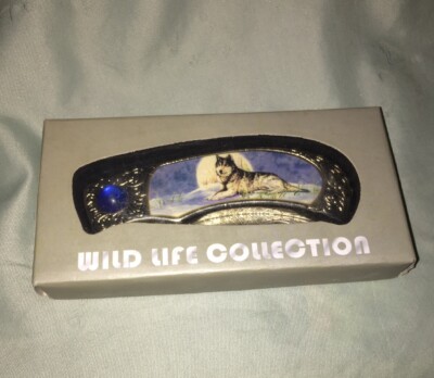 VTG - King Stone Collections - Folding Knife - Wolf Scene, Silver W/ Blue