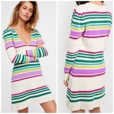 Free People Gidget Striped Sweater Dress Size S Womans Long Puff Sleeve V-Neck