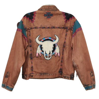 Southwestern Painted Aztec Skull Jean Jacket VTG 90s Todays News Womens ~XL OOAK
