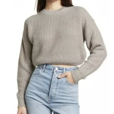 Elodie Crewneck Cropped Gray Chunky Rib Knit Sweater Size L NWT