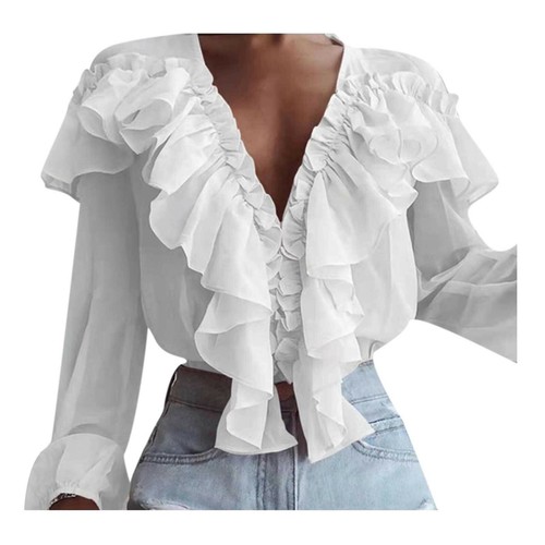 Größe Damen Rüschen Rüschen Langarm Bluse Damen Arbeit Büro Shirt Freizeit Tops - Bild 5 von 19