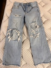 Aeropostale Distressed Wide Leg Jeans Womens Size 2 Light Wash Ripped RawHem Y2K