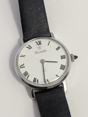 Vtg NIVADA C1 Mechanical White Dial Watch Black Leather Strap Works 25mm