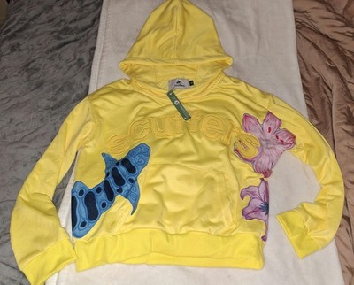 Women's Scuffers Size M Yellow Hooded Pullover Hoodie Logo Floral Pocket