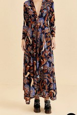 Farm Rio Blue Nature Beauty Long Sleeve Maxi Dress Sz XS Boho Tropical $220 MSRP