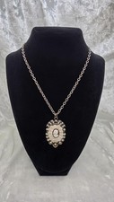 Victorian Revival Cameo Necklace Rhinestone Pendant Antique Gold Tone