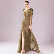 Luxury Wedding Party Dress Crystal Long Sleeves Column Formal Evening Gown Green