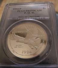 1994-P  P.O.W. Silver  Dollar  Proof 69 Deep Cameo .77 Troy Oz. SILVER 103.83 per troy oz