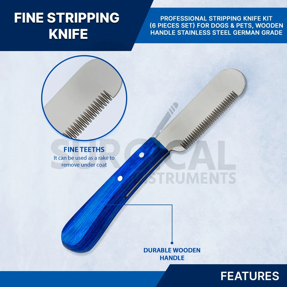 Juego de 6 piezas de pelado de abrigo de aseo de perros herramienta recortadora de pelacables mango de madera (azul) Foto 4 de 4