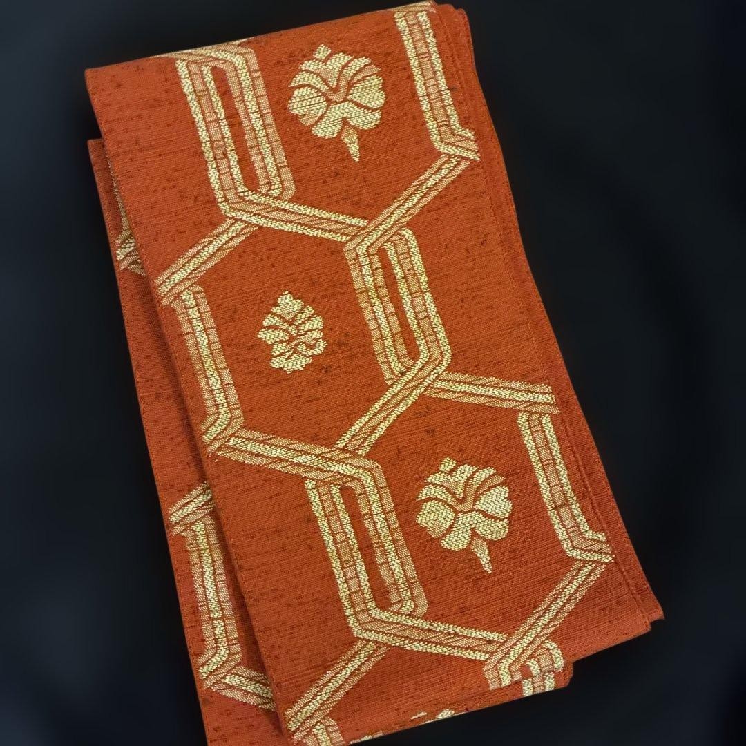 Yonezawa Woven Floral Reversible Orange Obi Belt Ladies Kimono Accessory
